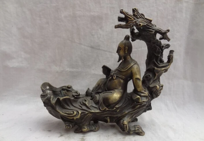 

S4280 9" Chinese Bronze Old Man Tree Literati Chuang-Tzu Zhuang Zi literator Statue D0317