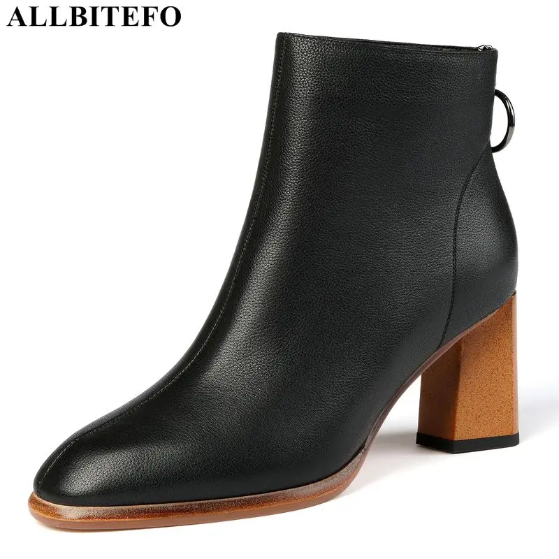 ALLBITEFO high quality genuine leather square toe high heels ankle boots for women new winter women boots women high heel boots