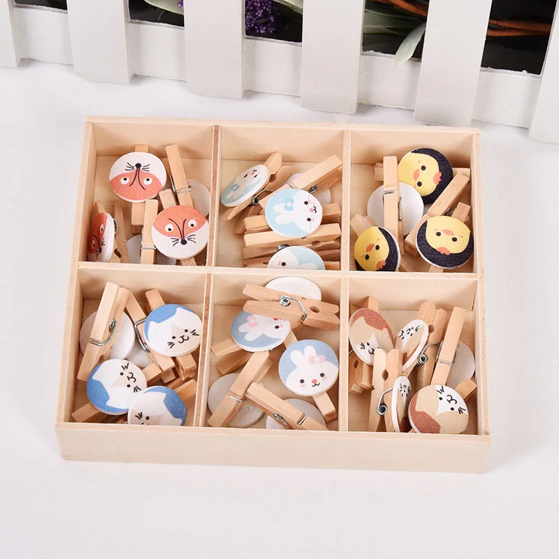 

30Pcs/Box Cute Fox Chicken Wooden Clip Photo paper Clothespin Craft Clips Party Decoration Clip with Hemp Rope