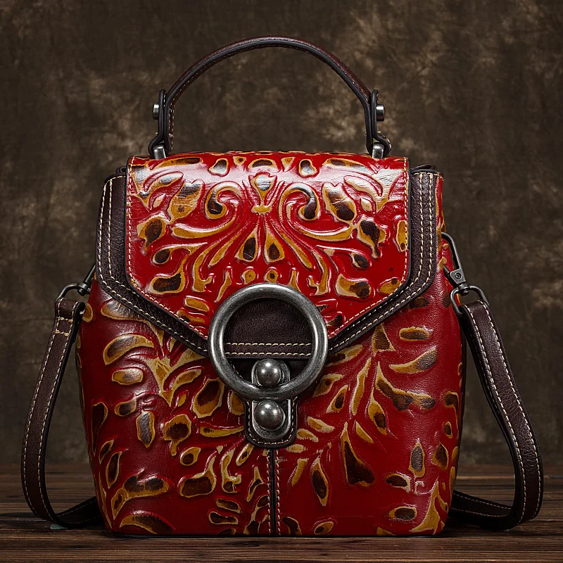 Тисненый рюкзак из натуральной кожи, рюкзак, сумки через плечо, женский маленький рюкзак, Ретро стиль, женская сумка на плечо, дизайнерский рюкзак - Цвет: Red