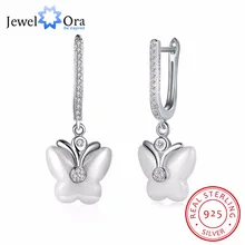 Nuevos Genuino de Las Mujeres 925 Pendientes de Plata de ley con Cerámica Blanca Forma de La Mariposa Pendientes de Gota Para Las Mujeres Regalo JewelOra EA101942