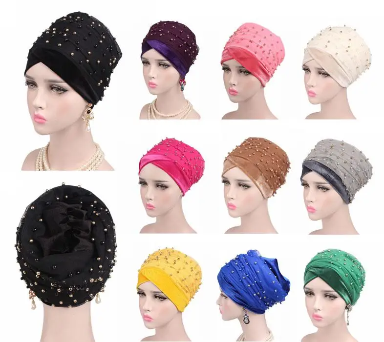 

Luxury Beaded Muslim Women Velvet Pearl Turban Mesh Hat Long Scarf Chemo Hair Loss Cap Head Wrap Indian Bandana Tube Fashion