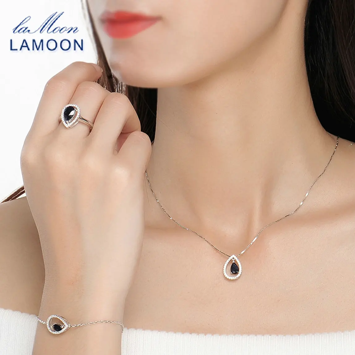 LAMOON X5mm в форме капли 100% настоящий синий сапфир серебряные ювелирные изделия
