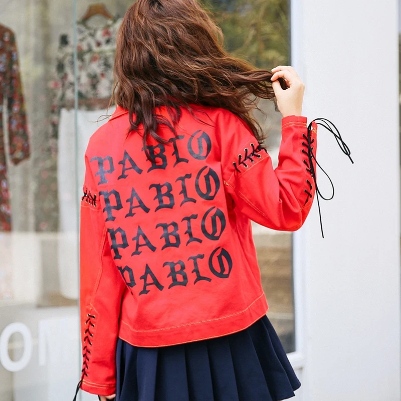 EXOTAO Red Bomber Jeans Jacket Women Hollow Out Single Breasted Spring Chaqueta Mujer Lace Up Thin Back-Printed Bts Denim Jacket