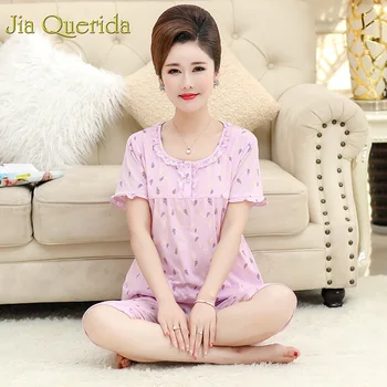

J&Q Pajama Sets Women 2019 Summer New Pink Cotton Home Shorts Women Clothes Floral Printing Women Pijama Plus Size Pjs Women Set