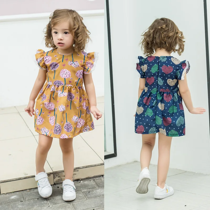

2019 Summer Baby Girls Cotton Dresses Girls Casual Printing Lace Short Sleeve Princess Dress Toddler Kids Clothes Cute Dress