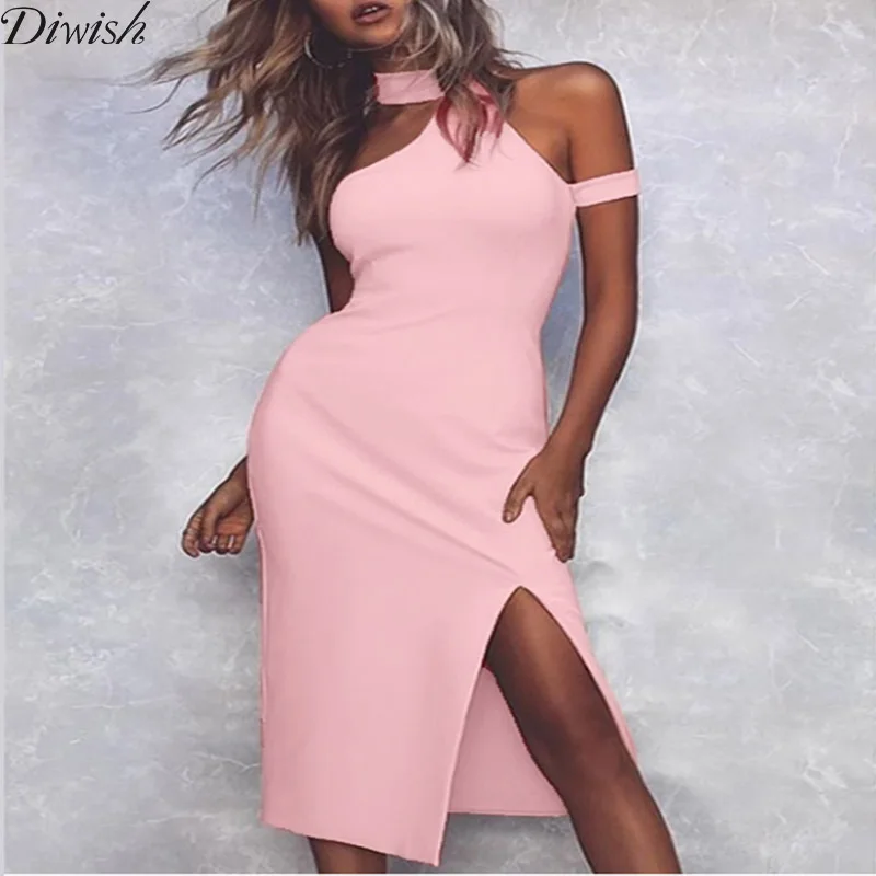 

Diwish Summer Women Midi Dress 2019 Sexy Fashion Solid Off Shoulder Dress Straight Ladies Pink Dress Slim Women Party Dresses