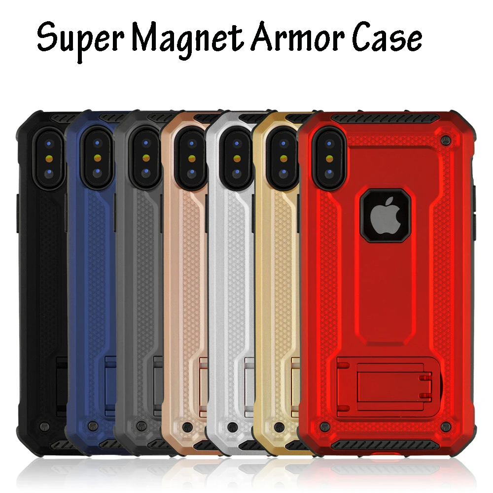 

Heavy Duty Super Magnet Armor Case For iPhone 6S 6 7 8 Plus X Xr Xs Max Anti Shock Kickstand Cover Logo Hole