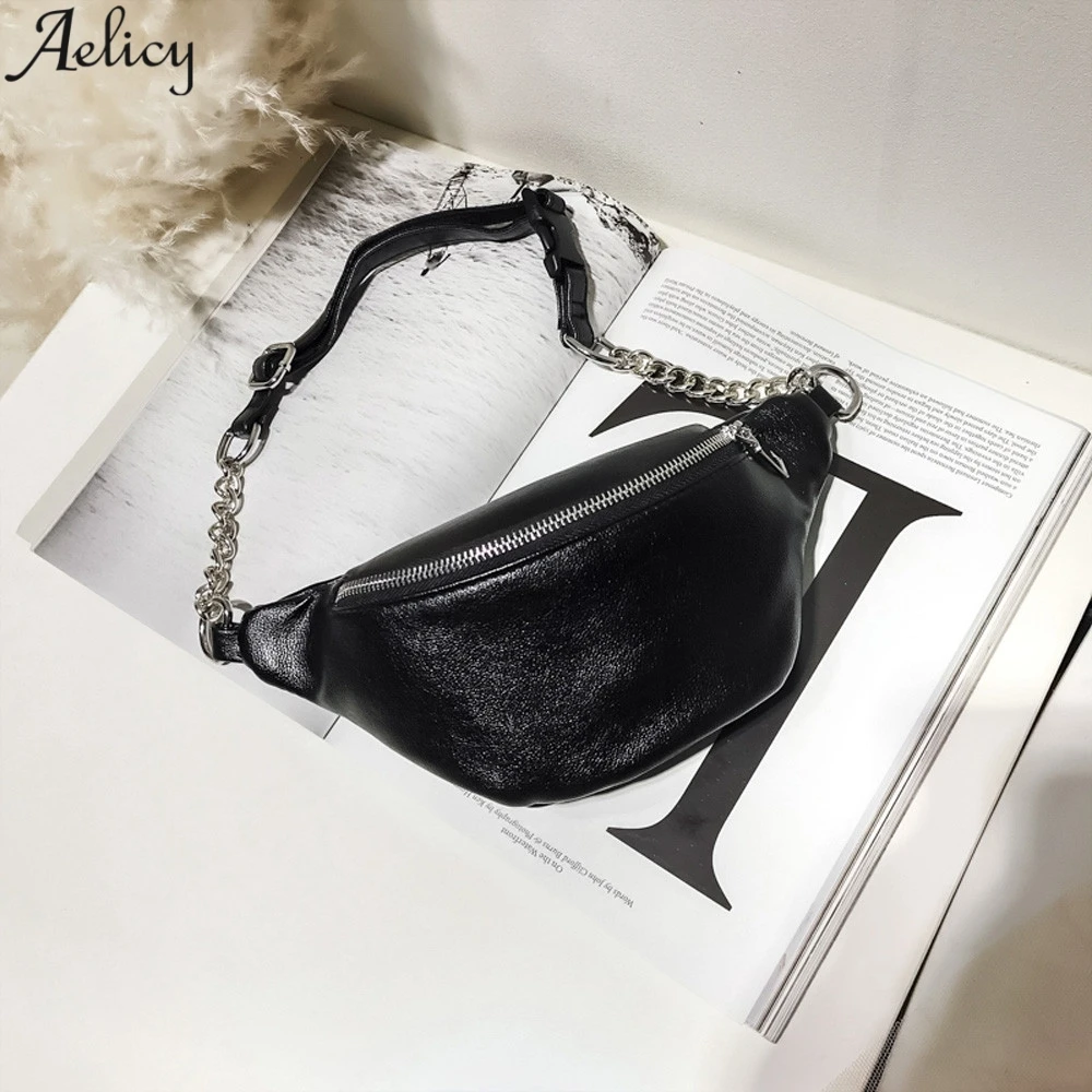 Aelicy Fashion Waist Bag Women Hot Sales Solid Pack Female Chains Bag Black Hobos Shape Pu Leather Waist Packs Chest Phone Pouch