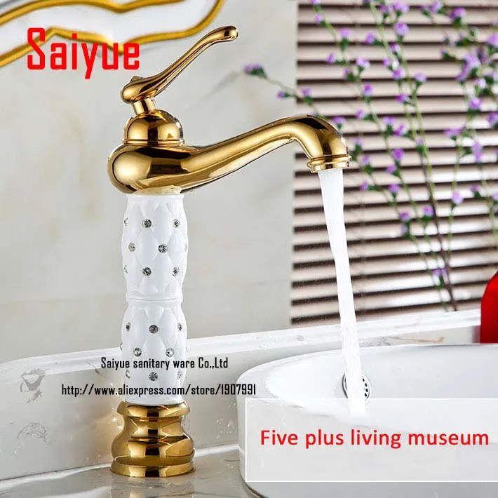 

Bathroom Countertop Sink Faucet Gold and white Brass Single Handle Basin Mixer Tap with ceramic pineapple body with diamond