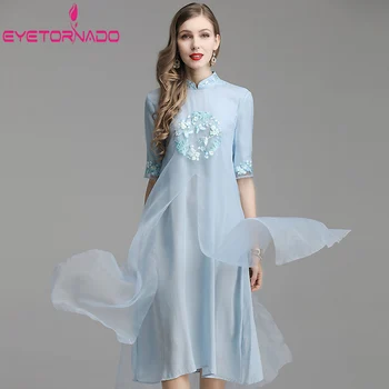 

Chinese Style Qipao Dress Summer Retro Flower Embroidery Long Casual Cheongsam Dress Slim Elegant Loose National Robe Dresses