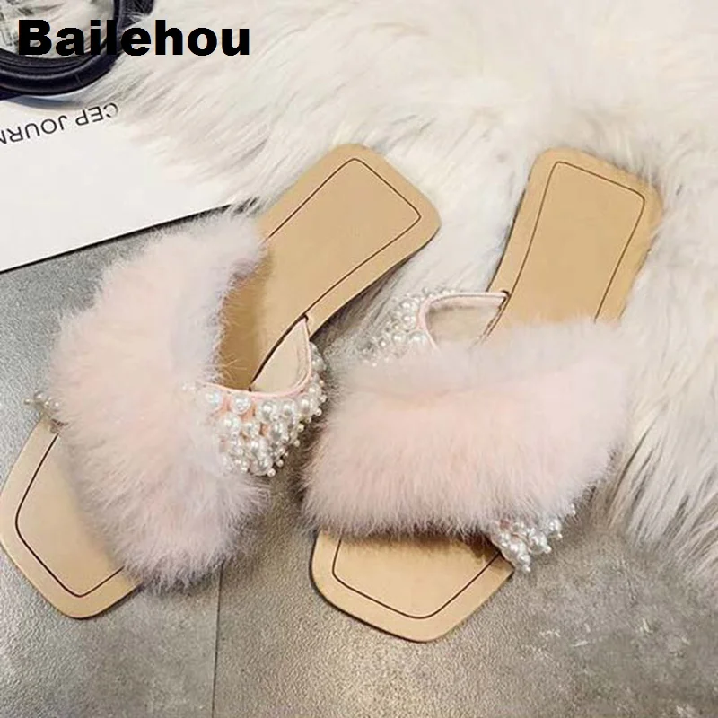 

Bailehou Women Plush Slippers Fashion Pearl Flip Flops Slip On Slides Comfortable Home Slipper Female Sandal Women Zapatos Mujer
