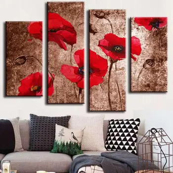 

4 Pcs/Set Modern Flower Wall Picture Abstract Red Flower Poppies on Brown Painting Print on Canvas Wall Art Poster Home decor