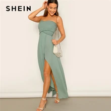 SHEIN Однотонное Стильное Платье С Разрезом И Рюшами Женское Летнее Зеленое Макси Платье Без Рукавов И С Высокой Талией