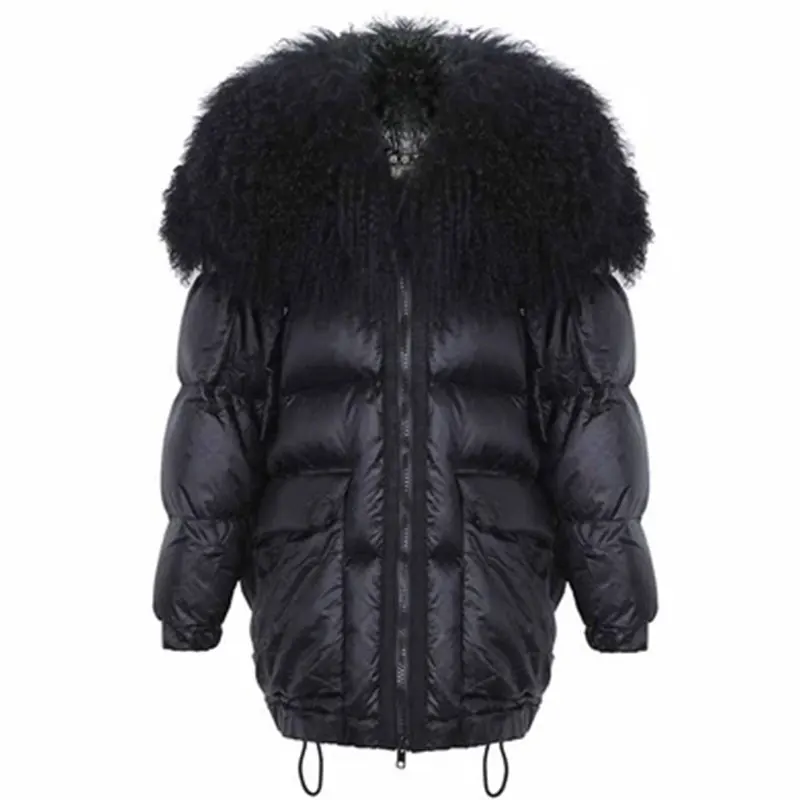Натуральный монгольский овечий мех, зимний пуховик для женщин, большой размер, Белый утиный пух, куртка для женщин, утолщенная, теплая, длинная, уличная парка 830 - Цвет: black