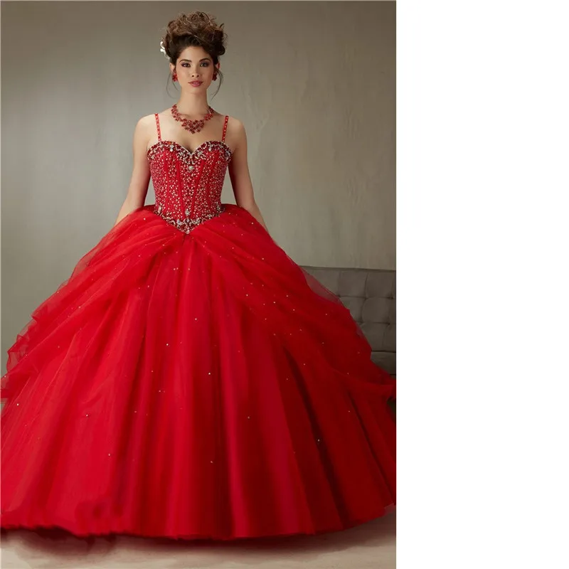 Горячая распродажа пышное платье бретельках красный тюль бальное платье на заказ бисера блестками складки Vestidos 15 Anos Q1020