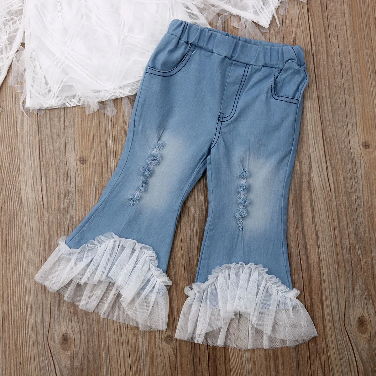 Toddler Kid Baby Girl Summer Lace up Long Sleeve T Shirt Tops Destroyed Jeans Pants Outfits Set