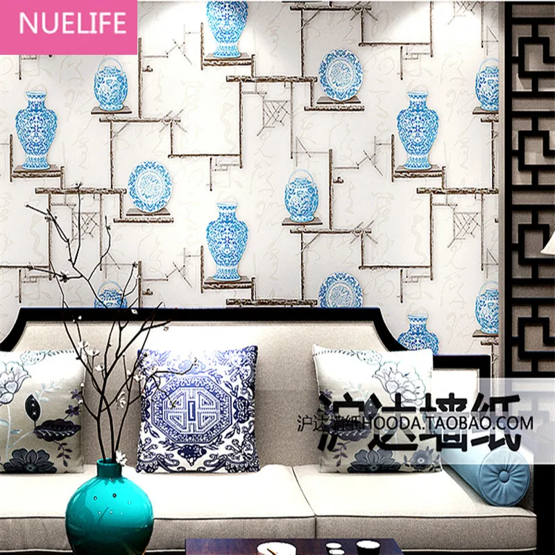 

0.53x10m New Chinese Style Wallpaper Living Room Tea House Wallpaper Vintage Blue and White Porcelain Patterns Wallpaper