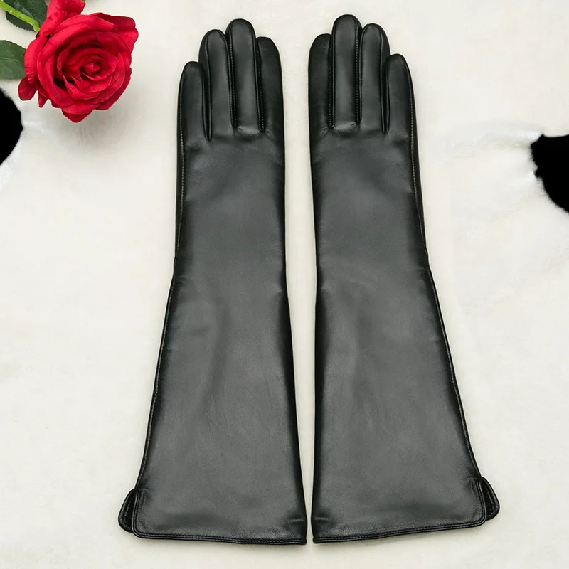 KLSS Brand Genuine Leather Women Gloves About 40cm Long Fashion Elegant Black Goatskin Glove Autumn Winter Plus Velvet X210