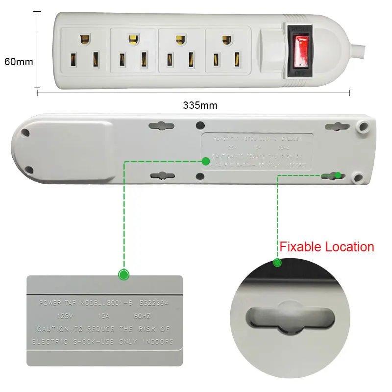 UL Certification US Plug 3 4 6 AC Hole Extension Cord 1.8M Power Strip Overload Protection 1875W 15A AC Outlets Extension Socket