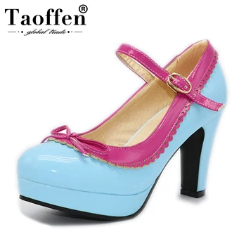 

TAOFFEN Women Size 32-48 Women High Heel Shoes Ladies Brand Bowtie Round Toe Heeled Pumps Ankle Strap Platform Lady Footwear