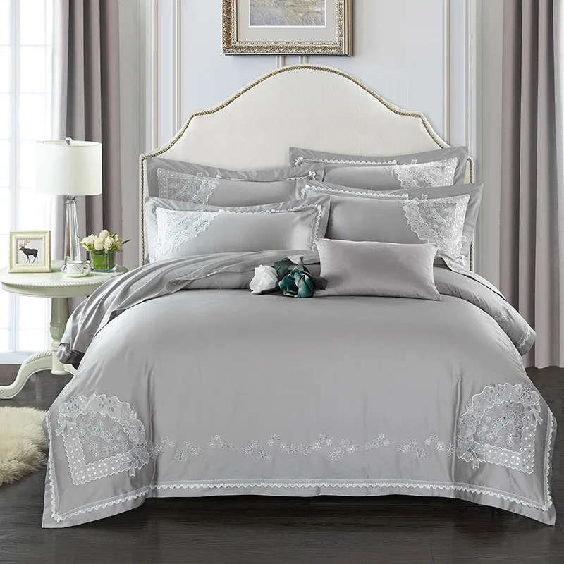 

2017 Wholesale lace Bedding Set 4 Pcs gray King Queen Size Egyptian cotton Embroidered Quality Bed Linen Sets