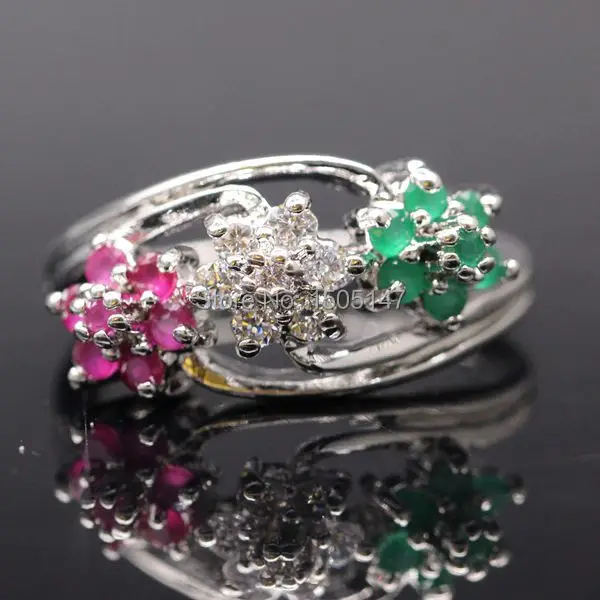 Fashion Lover s Rings Flowers Created Ruby Emerlad Gems AAA CZ White Gold Plated Ring Bridal