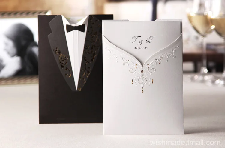 

Bride and Groom Tuxedo Pocket invitation card with envelope, Customized wedding party Kit,100sets/lot, Express Free shipping