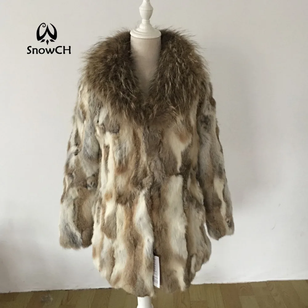 New Genuine Rabbit Fur Coat with big raccoon fur collar women long