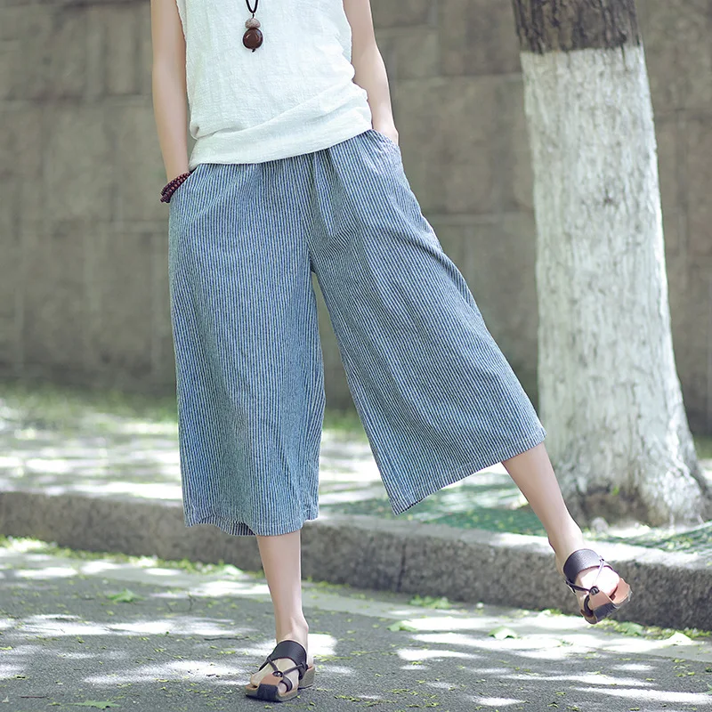 

Johnature Women Striped Wide Leg Pants 2019 Summer New Casual Trouser Elastic Waist 3 Colour Cotton Linen Calf-Length Pants