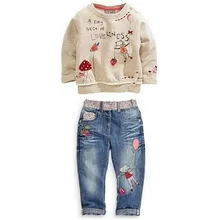 Детские комплекты одежды для девочек, весенне-осенняя одежда для малышей, повседневные топы с длинными рукавами и мультипликационным принтом+ джинсы, костюм из 2 предметов для девочек 2, 3, 4, 5, 6 лет