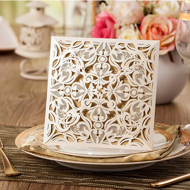 1pcs Sample Gold White Black Laser Cut Rose Flora Wedding Invitations Card Elegant Lace Envelopes & Seals Event & Party Supplies (2)
