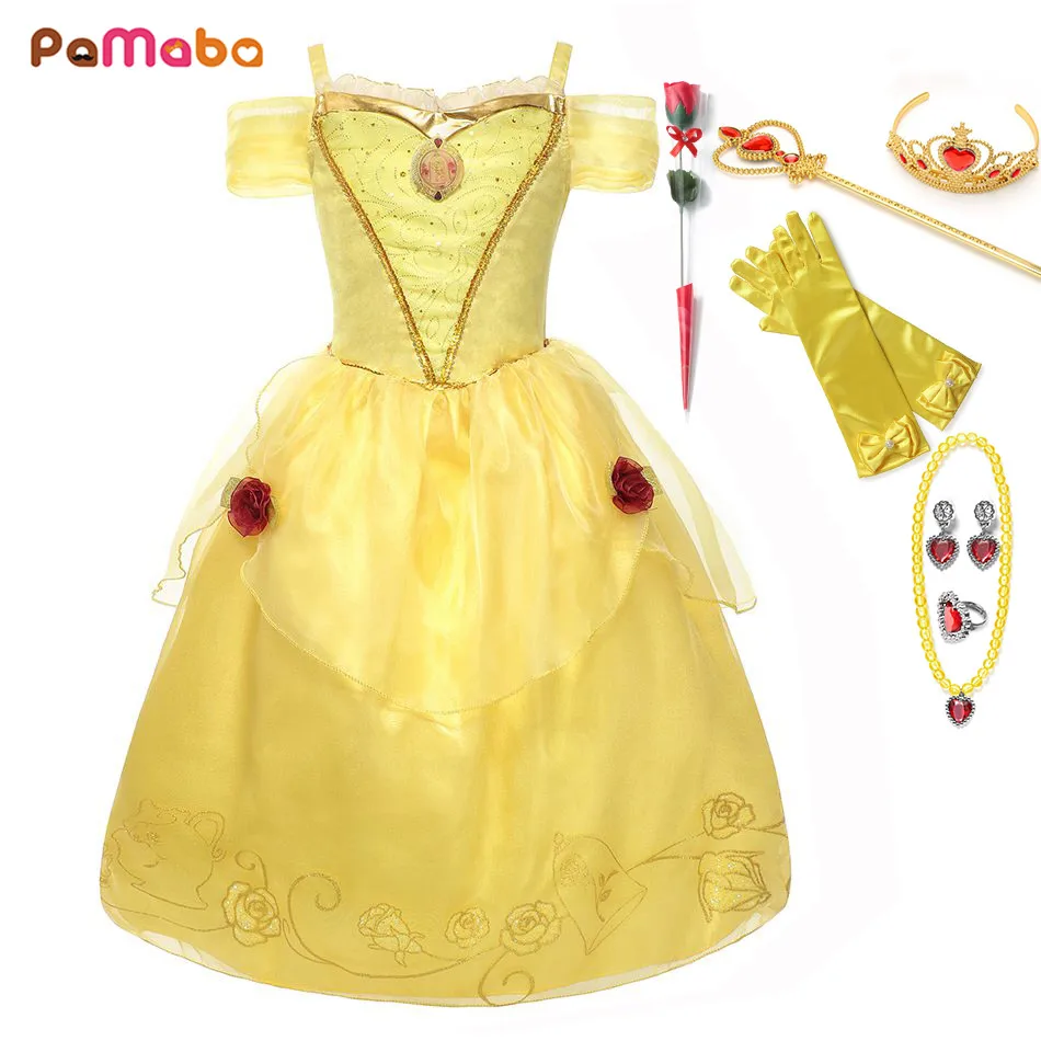 

PaMaBa 3 6 9 12 Years Old Girl Beauty and the Beast Belle Dress Kids Summer Off Shoulder Princess Party Dress up Cosplay Costume