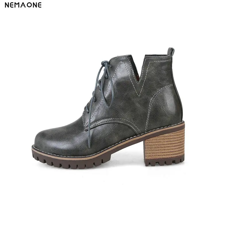 

NEMAONE 2019 spring autumn Boots Punk Women Autumn Thick Heel lace up Ankle Boots For Women green gray brown Shoes