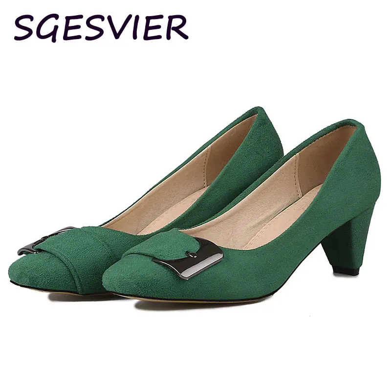 

SGESVIER Mature dress shoes High quality suede fabric Metal sheet decoration Cone with women pumps shoes size 32-46 XT196