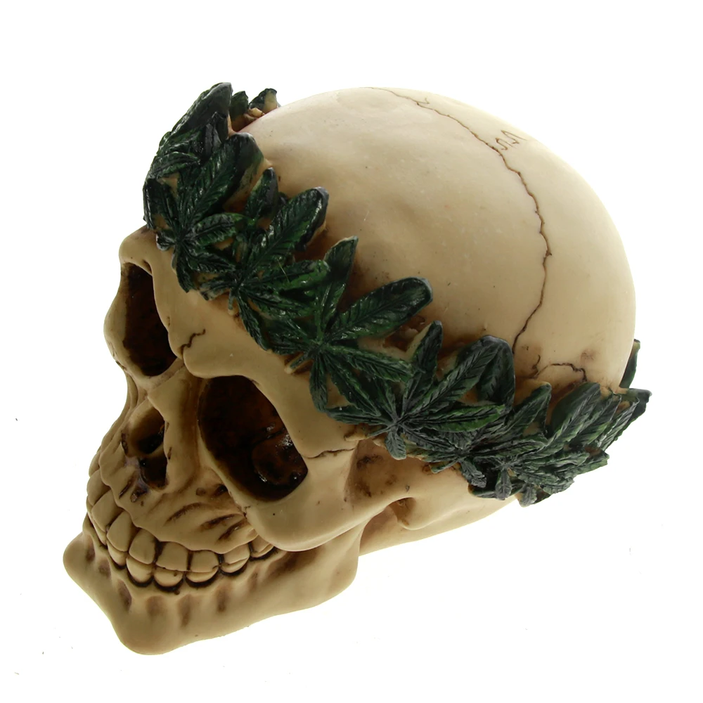 Favorite Decor Store Pot Head Skull Figure 6 Long Gothic Skull with Weed Leaf Laurel Resin Figurine Favorite Decor Store Pot Head Skull Figure 6 Long Gothic Skull with Weed Leaf Laurel Resin Figurine