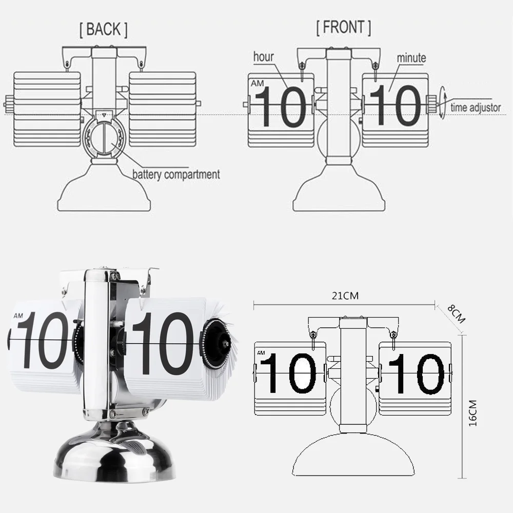 Маленькие настольные часы ретро флип над часами из нержавеющей стали флип внутренний механизм управляемые кварцевые часы черный/белый