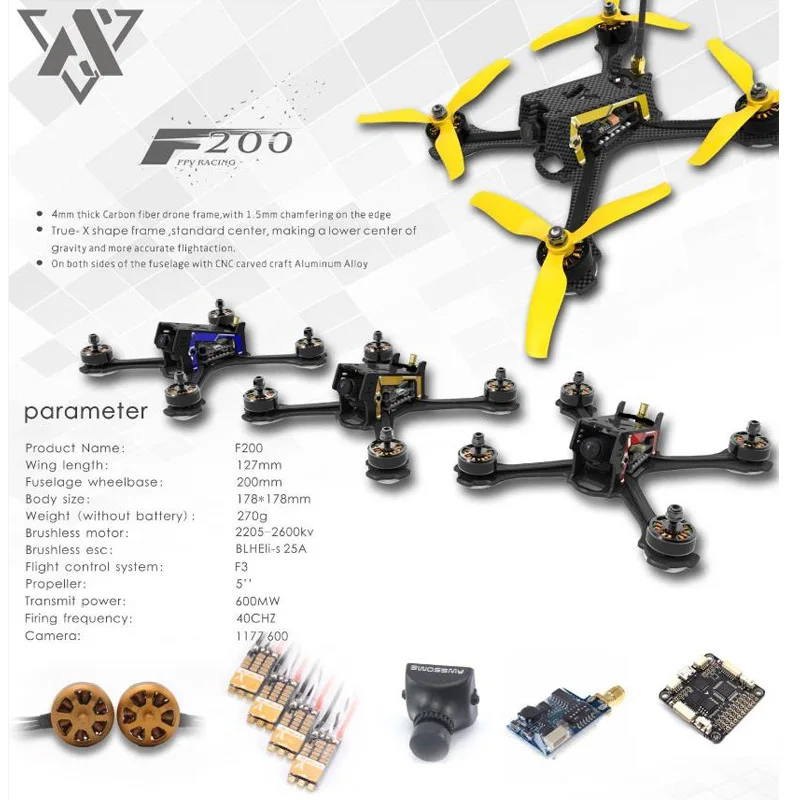 Потрясающий F200 200 мм стандартная версия FPV гоночный Дрон RC Квадрокоптер рамка Комплект Мультикоптер Мини FPV камера 2600KV комплект мотор для RC