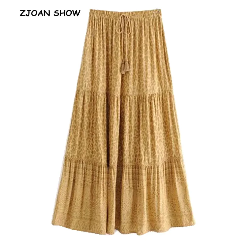 Новинка, богемная желтая длинная юбка с леопардовым принтом, Женская плиссированная юбка со шнуровкой, эластичная резинка на талии, юбки для пляжа