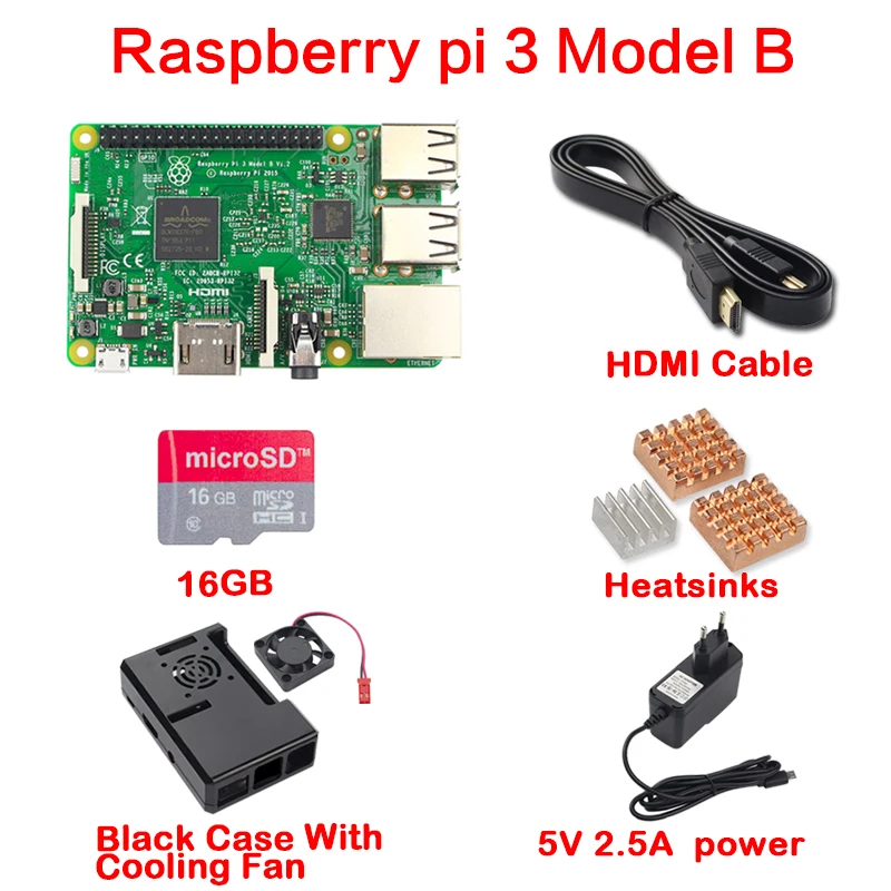 ФОТО RS Made In UK Raspberry Pi 3 Model B + 16G SD Card +Hdmi Cable+3 pcs Heatsinks +2.5A Power Supply+ABS Case+Cooling Fan For Pi 3