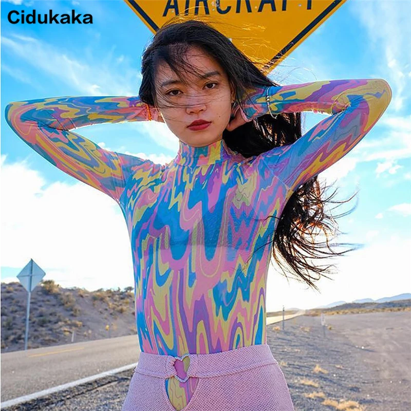 

Cidukaka Neon Shirt Clothes Top Tshirt Turtleneck Harajuku Punk Women Mesh T Shirt Casual Outwear Sexy Fashion Long Sleeve