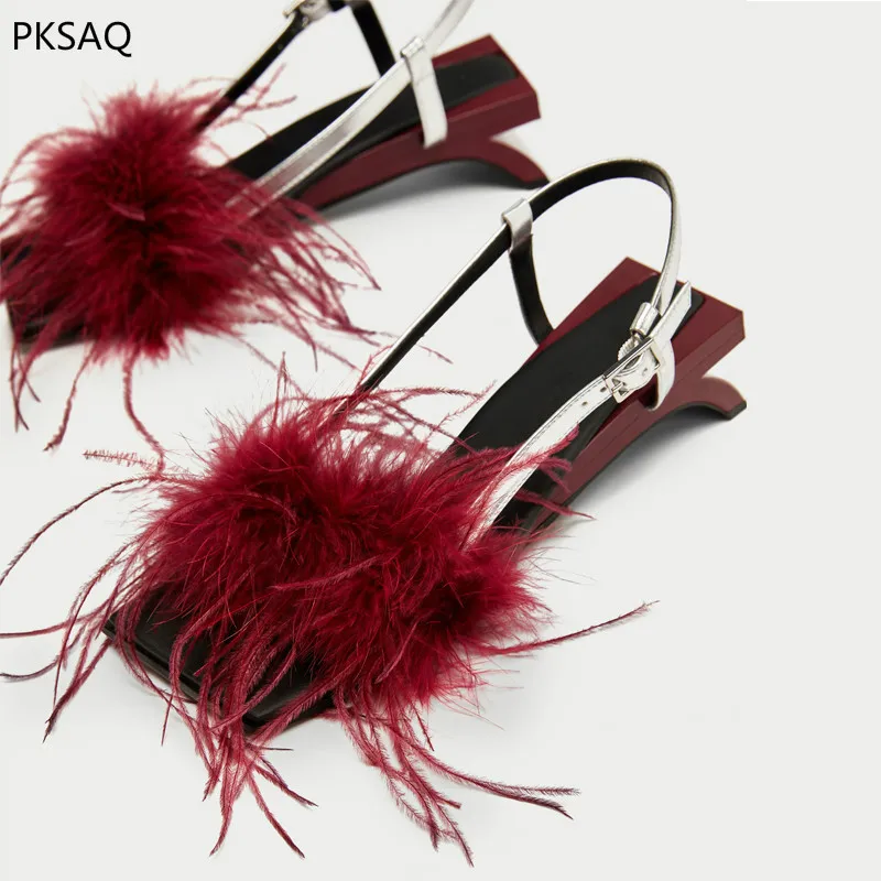 

New Summer Fashion Fur Sandals Women High Heels Strange Style Sweet Street Photo Party Shoes Girls Buckle Strap Wedding Shoes