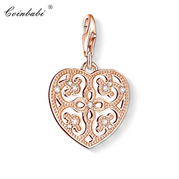 

Charm Pendant Heart Rose Ornament,2018 Fashion Jewelry Bohemia Pure 925 Sterling Silver Gift For Women Fit Bracelet Necklace