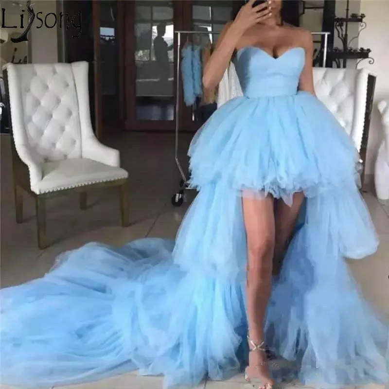 

Light Sky Blue Prom Dresses Sweetheart Tiered Skirt Tulle High Low Cocktail Party Dress Bohemia Beach Cheap Homecoming Dress