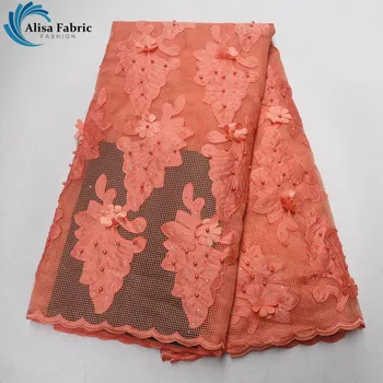 

2019 Peach French Lace Fabric Embroidery Lace With Bead 3D Applique Lace African Mesh Lace Fabric With Stones For Woman Clothing