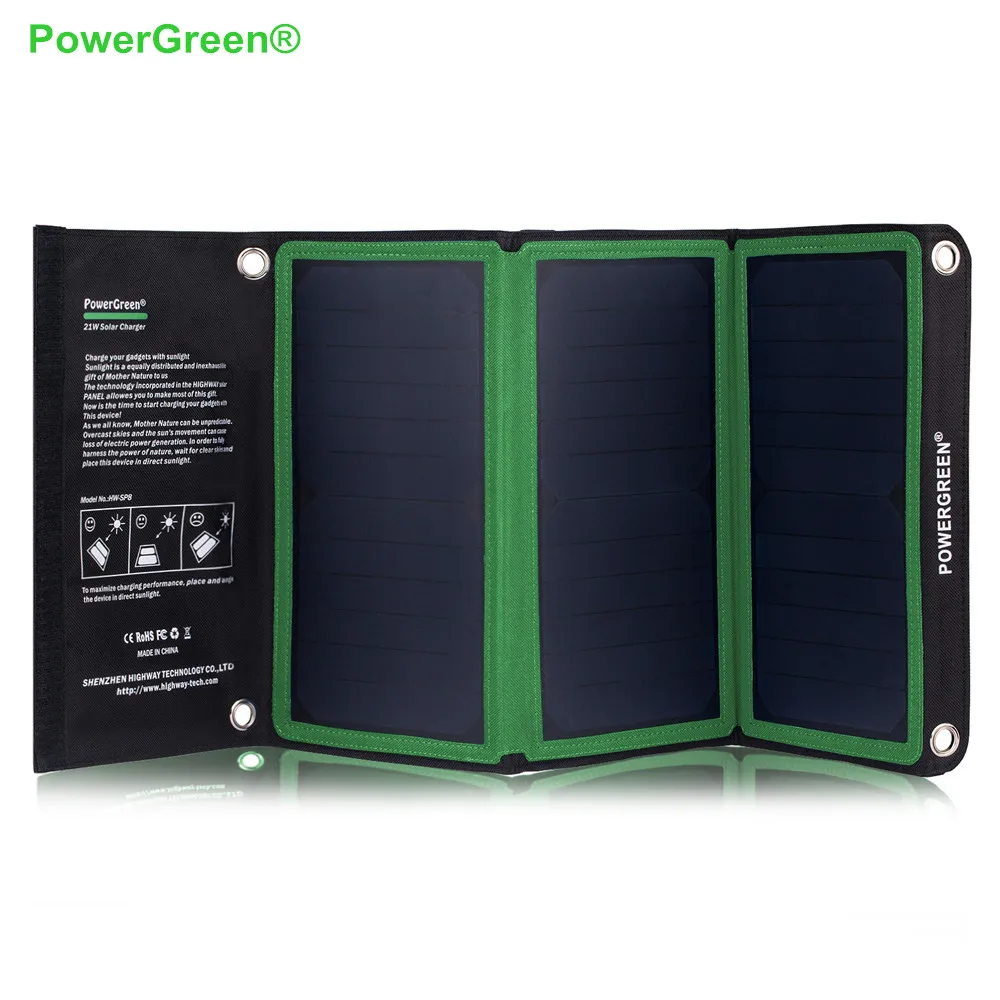 

PowerGreen Fast Charging Foldable 21W SUNPOWER Solar Panel Dual USB Solar Charger for Mobile Phone