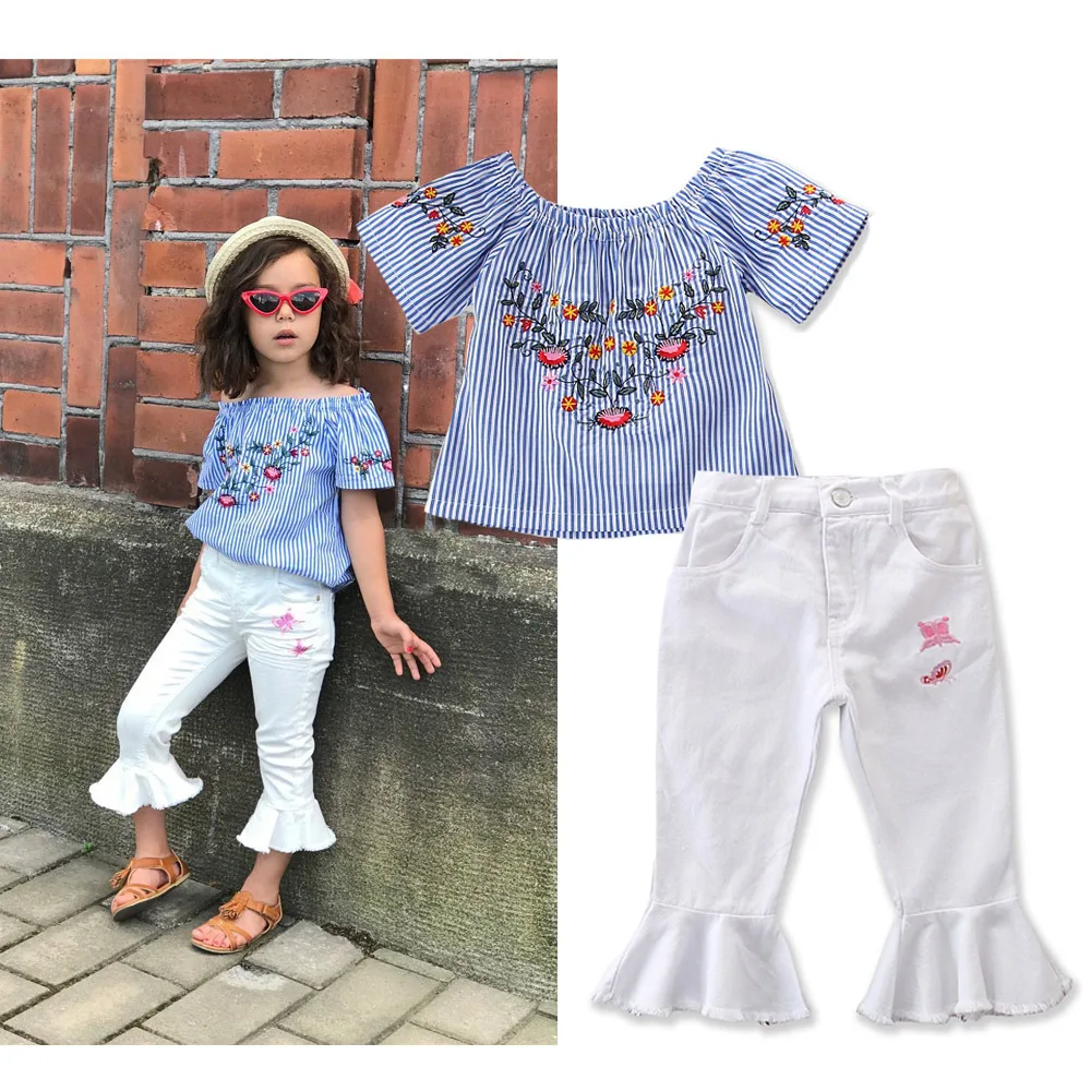

2019 Summer girls shoulderless striped embroidered blouse +white bell bottom trousers set high quality princess outwear 18N1126