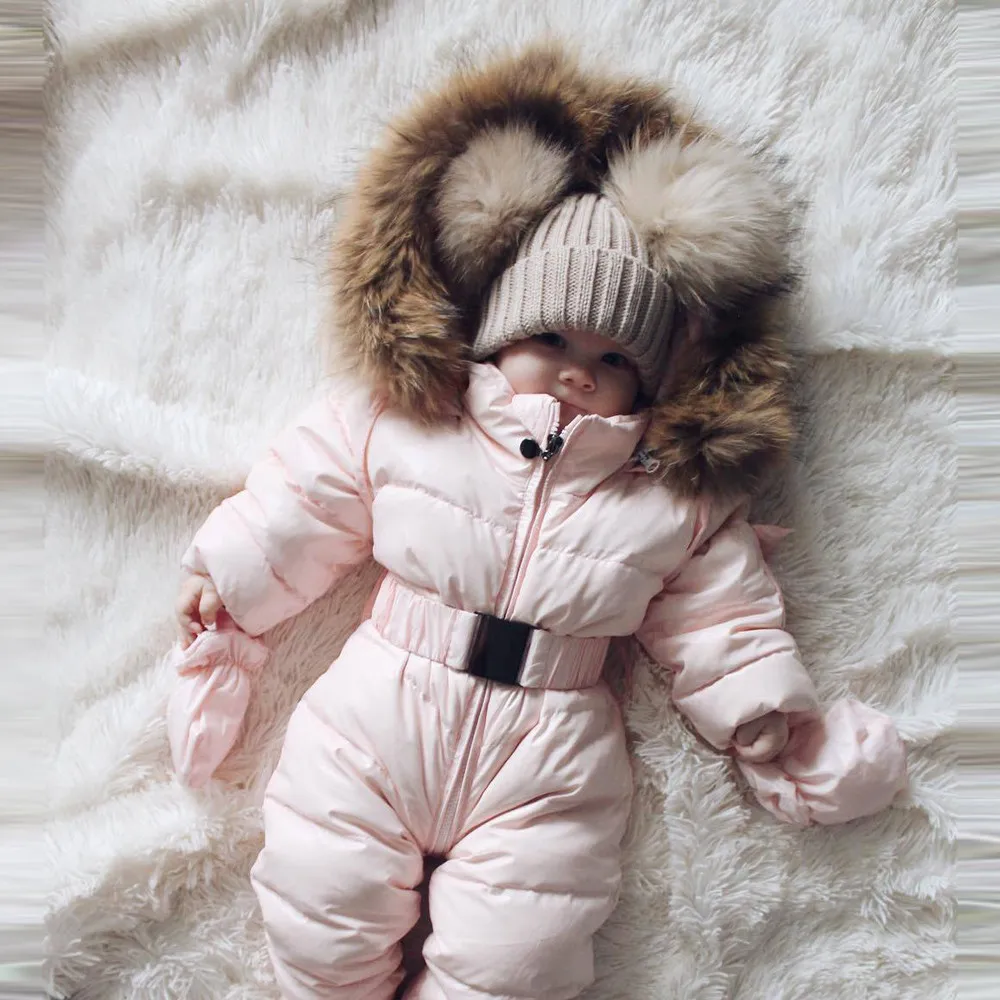 Зимний теплый ветрозащитный пуховый хлопковый комбинезон-жакет для новорожденных мальчиков и девочек Комбинезон с меховым капюшоном, плотное однотонное пальто, одежда