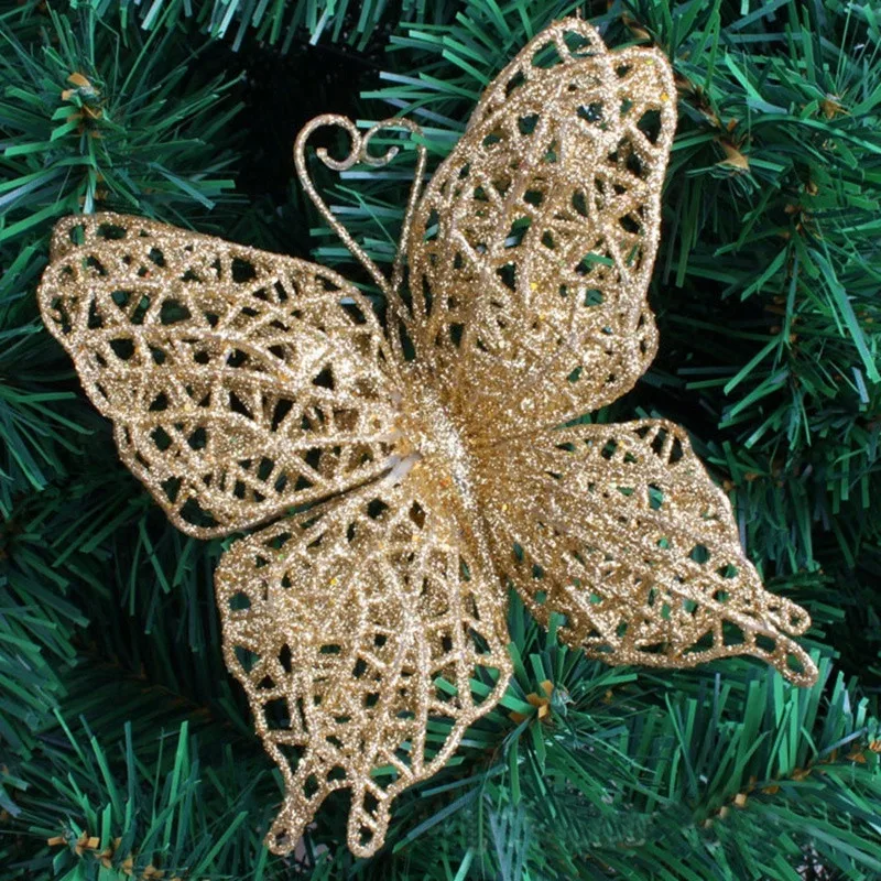 10 шт. 7 см искусственное Рождественское украшение красочные блестящие бабочки цветок новогодние вечерние елочные украшения 5ZHH187 - Цвет: gold