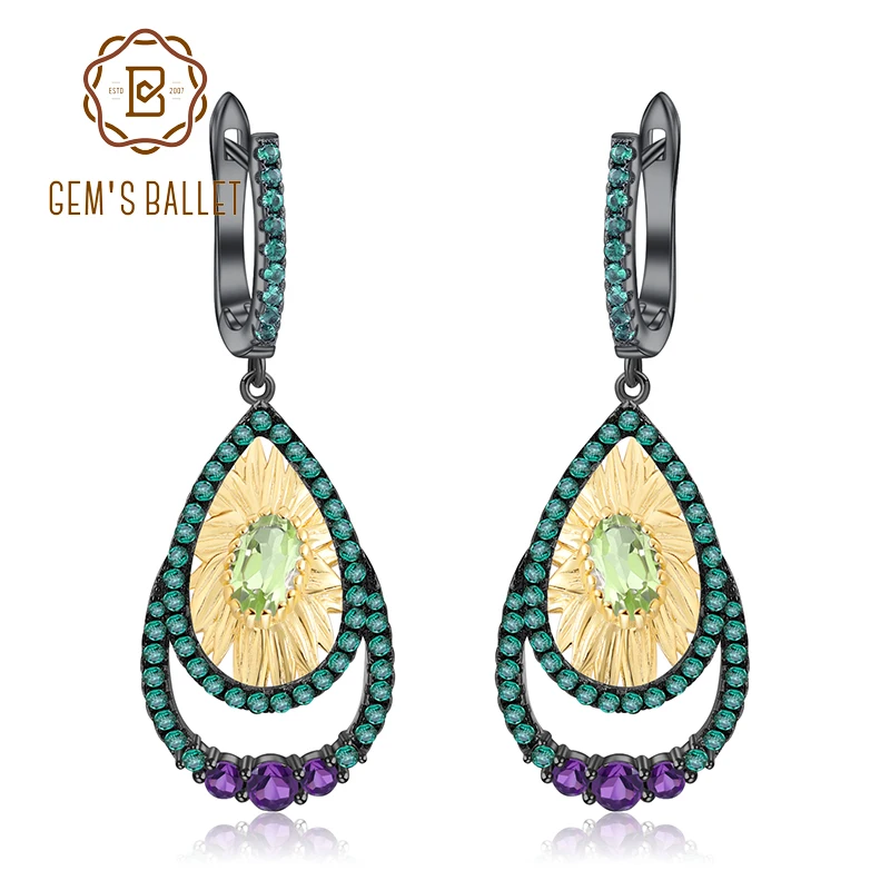 

GEM'S BALLET 1.03Ct Natural Peridot Sunflower Drop Earrings Fine Jewelry 925 Sterling Silver Handmade Earrings for Women Brincos